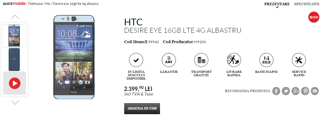 HTC Desire Eye, telefonul cu senzor frontal de 13 megapixeli și bliț dual sosește la QuickMobile.ro