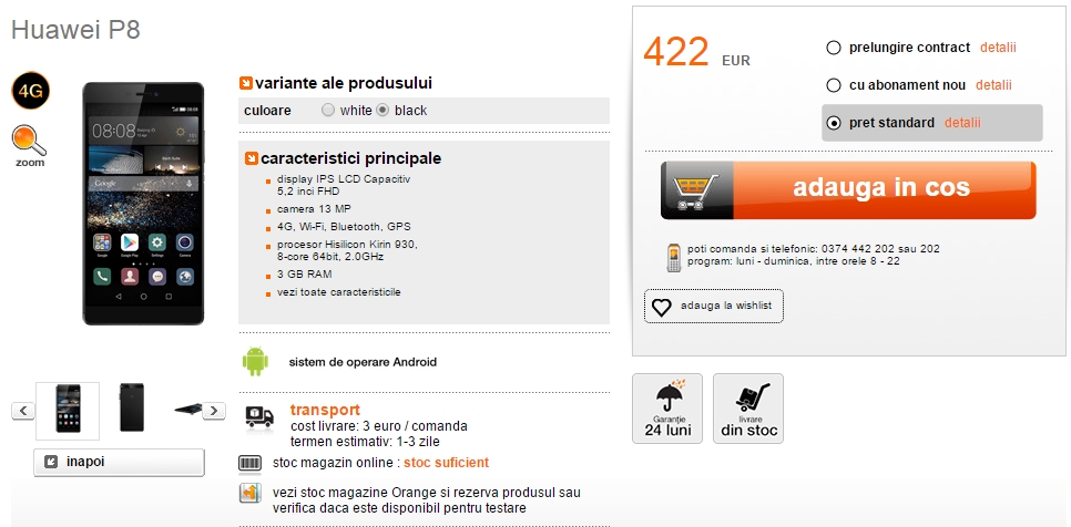 Huawei P8 este listat in magazinul online Orange.ro la un preț de doar 1.873 lei fara abonament