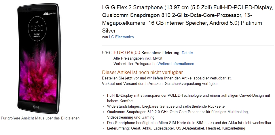 LG G Flex 2 sufera o majorare la capitolul preț pe Amazon.de; disponibil acum pentru 649 euro