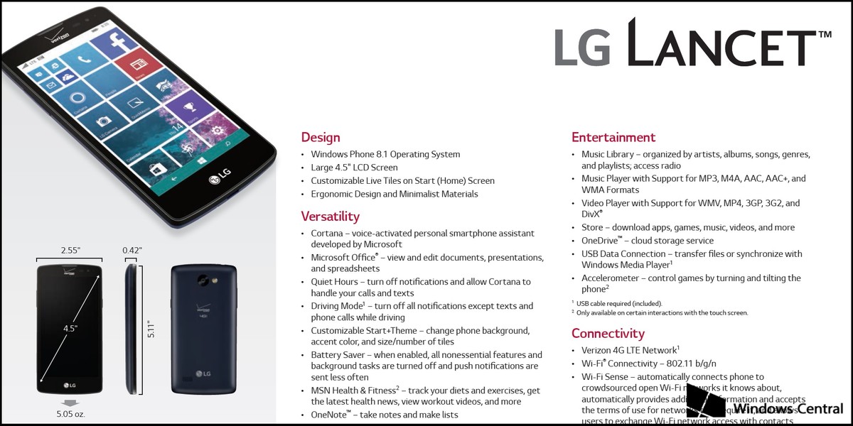 LG revine pe piata Windows Phone cu modelul LG Lancet; Acesta are dotari modeste si WP 8.1 Update 2