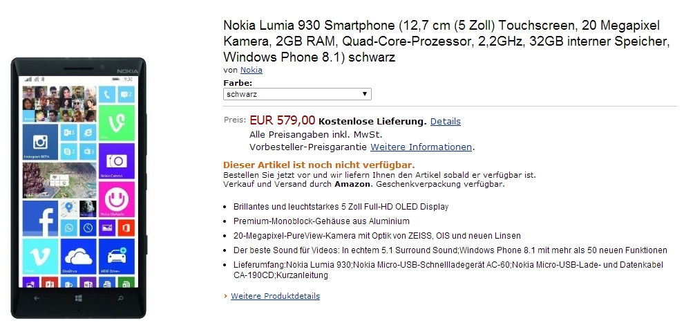 Nokia Lumia 930 disponibil la precomanda prin intermediul Amazon Germania și Franța