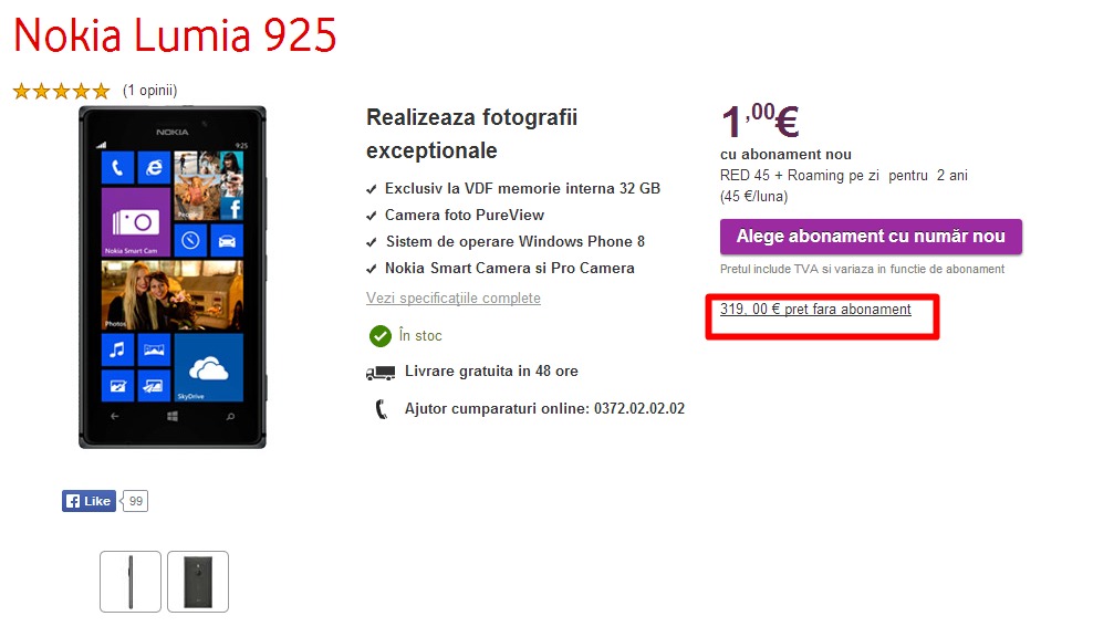 Nokia Lumia 925 (36GB) la doar 419€, respectiv 319€