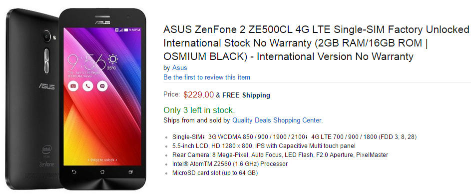 ASUS ZenFone 2, versiunea cu 2 GB RAM si ecran 720p de 5 inch ajunge pe Amazon; Iata preturile!