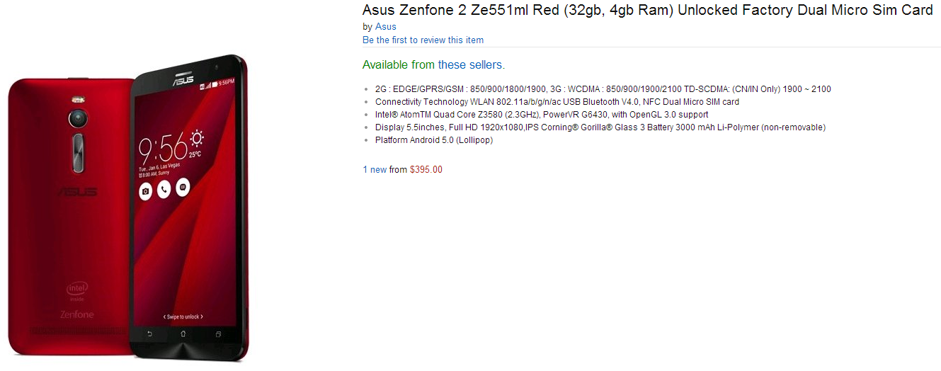 ASUS ZenFone 2 in versiunea cu 4 GB RAM se vinde pe Amazon la pret sub 400 de dolari