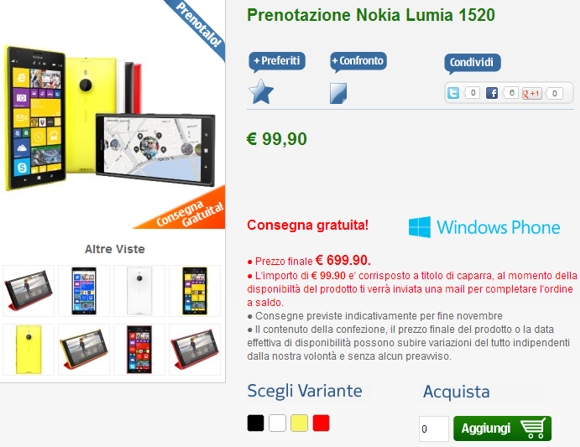 Avem si primele preturi si precomenzi pentru Nokia Lumia 1520: 699.99 euro in Italia