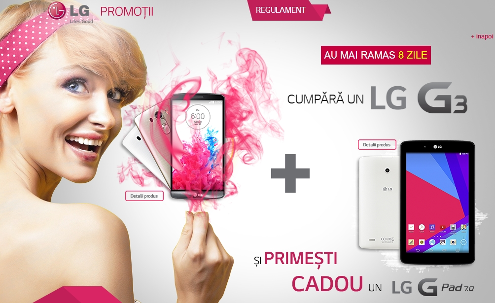 LG România ofera cadou o tableta G Pad 7.0 la achiziția unui LG G3 din magazinele autorizate (oferta valabila pâna pe 10 iulie)!