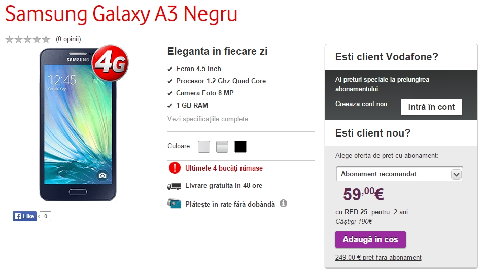 Samsung Galaxy A3 disponibil acum prin intermediul Vodafone la prețul de 1.100 lei fara abonament